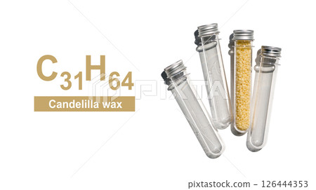 Candelilla wax in PET preform bottle with molecular formula C31H64. Chemical ingredient for Cosmetics and Toiletries product. Candelilla wax in PET preform bottle with molecular formula C31H64. Chemical ingredient for Cosmetics and Toiletries product. 126444353