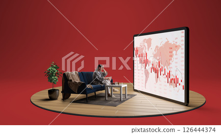 Woman in robe watches falling world stock graph on red screen with anxiety and stress. Composite image. Collage 126444374