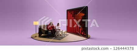Elderly couple watches screen showing financial collapse data on red graph with world map. Composite image. Collage. C Elderly couple watches screen showing financial collapse data on red graph with world map. Composite image. Collage. C 126444378