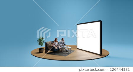 Couple with child sitting on couch at home and looking at 3D model of giant tablet with blank screen. Composite image. Couple with child sitting on couch at home and looking at 3D model of giant tablet with blank screen. Composite image. 126444381