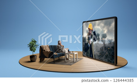 Senior woman sitting at home in couch and watching breaking news, scene with reporter and destruction. 3D render of tablet. Composite image. Senior woman sitting at home in couch and watching breaking news, scene with reporter and destruction. 3D render of tablet. Composite image. 126444385