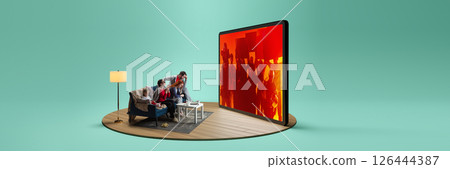 Group of people gathered around large screen displaying news, protest scene with crowd. 3D tablet. Composite image, collage. Group of people gathered around large screen displaying news, protest scene with crowd. 3D tablet. Composite image, collage. 126444387