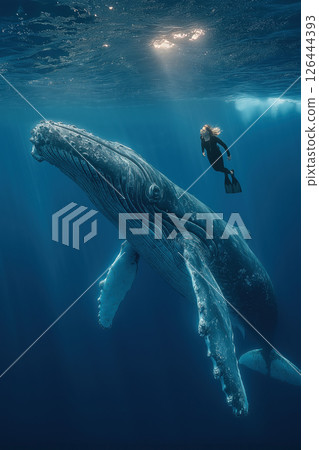 Diver swims gracefully alongside majestic humpback whale in ocean depths, amazing vertical view 126444393