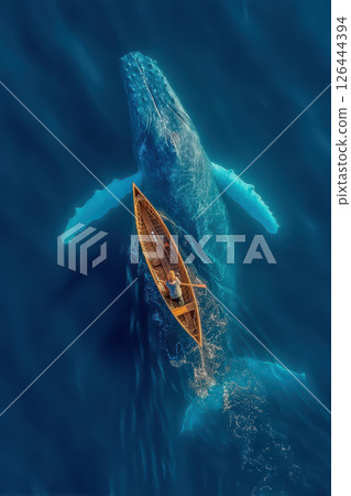 Aerial vertical view of rowboat and whale in ocean with clear blue water, epic scene 126444394
