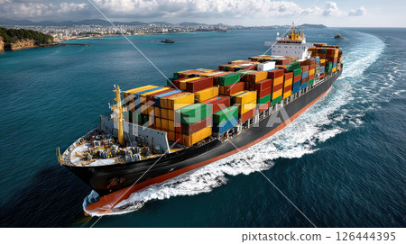Cargo ship navigating clear blue waters with colorful containers on a sunny day, large city in background 126444395