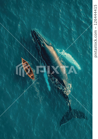 Aerial view of whale swimming beside a wooden rowboat in turquoise sea waters Aerial view of whale swimming beside a wooden rowboat in turquoise sea waters 126444415