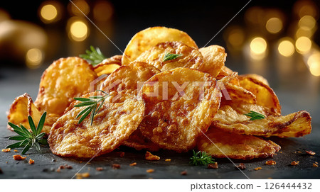 Close-up crispy golden potato chips with herb garnish in warm light setting 126444432