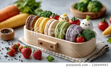 Assorted colorful macarons with cute faces and fresh vegetables on wooden tray for baby 126444441