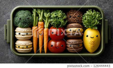 Cute bento box with decorative vegetables, macarons, and adorable faces in a green container, top view 126444443