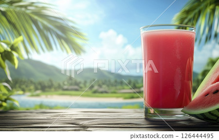Watermelon juice in glass on wooden table and tropical palm leaves, copy space background Watermelon juice in glass on wooden table and tropical palm leaves, copy space background 126444495