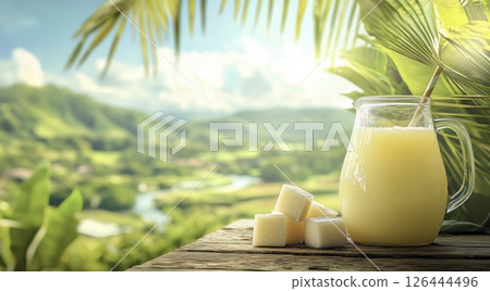 Fresh sugar cane juice and cane pieces on wooden table with tropical valley view, copy space Fresh sugar cane juice and cane pieces on wooden table with tropical valley view, copy space 126444496