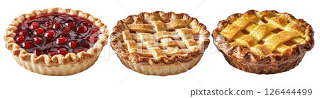Three mini lattice pies with cherry, apple and apricot filling, isolated on white background with clipping path 126444499