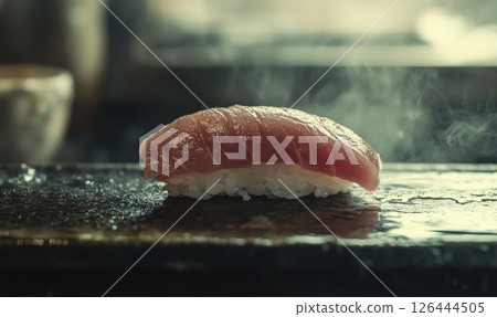 Single piece of tuna nigiri sushi on dark surface with soft light, copy space 126444505