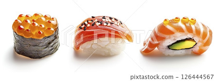 Assorted sushi set with nigiri and gunkan maki topped with salmon roe and sesame seeds. Isolated on white background with clipping path Assorted sushi set with nigiri and gunkan maki topped with salmon roe and sesame seeds. Isolated on white background with clipping path 126444567