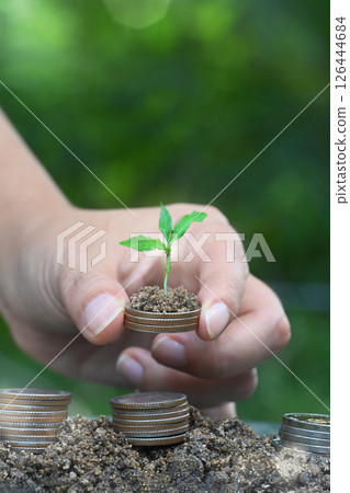 Hand holding stack of coins with soil and a small green plant, sustainable financial growth and investment 126444684