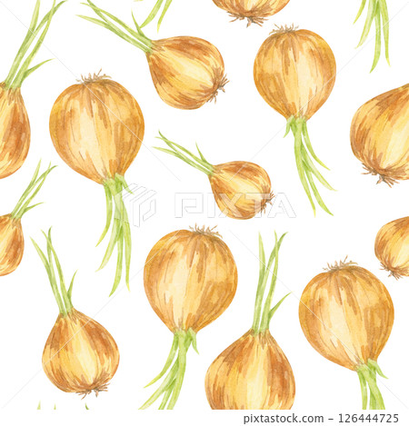 Watercolor onions in varying sizes and tones arranged in a seamless pattern. Use this vegetable clipart in surface design, wrapping paper, recipe cards, or food-themed home decor Watercolor onions in varying sizes and tones arranged in a seamless pattern. Use this vegetable clipart in surface design, wrapping paper, recipe cards, or food-themed home decor 126444725