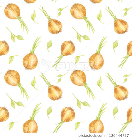 Hand-painted watercolor clipart of onions arranged in a seamless pattern. This vegetable design is suitable for culinary-themed fabrics, packaging, wallpaper, and printable crafts 126444727