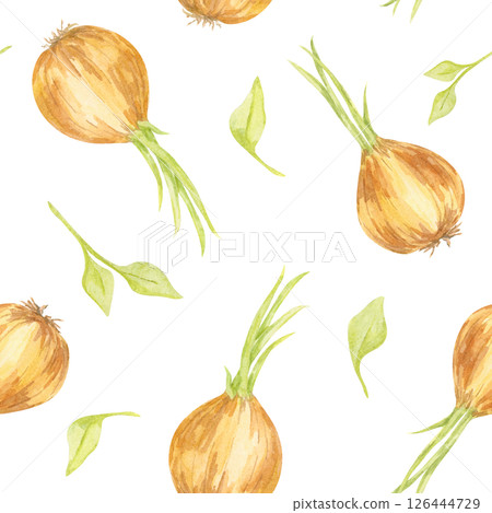 Golden onions with green tops painted in watercolor style form a seamless pattern clipart. Perfect for food packaging, fabric prints, kitchenware, or digital paper designs Golden onions with green tops painted in watercolor style form a seamless pattern clipart. Perfect for food packaging, fabric prints, kitchenware, or digital paper designs 126444729