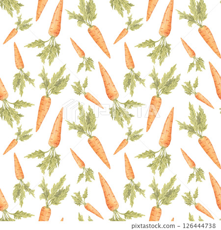Bright orange carrots and green tops hand-painted in watercolor. Garden vegetables seamless pattern illustration. Use in sustainable food packaging, canning labels, harvest invitations, or wall art. 126444738