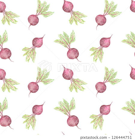 Purple beets with leafy green tops in watercolor clipart. Garden Vegetables seamless pattern illustration. Ideal for kitchen textiles, packaging, eco-themed paper goods, or farm-style surface designs Purple beets with leafy green tops in watercolor clipart. Garden Vegetables seamless pattern illustration. Ideal for kitchen textiles, packaging, eco-themed paper goods, or farm-style surface designs 126444751