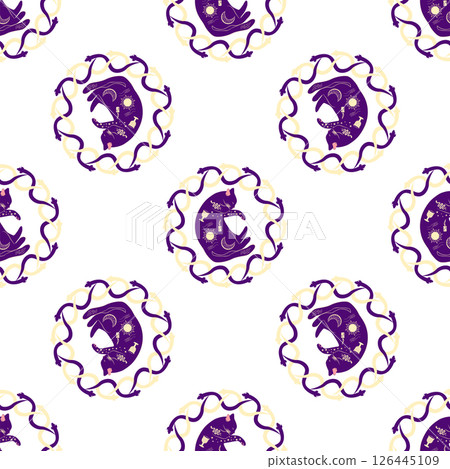 Mystical seamless pattern of cats in boho style, silhouette collection. Witchcraft and magic 126445109