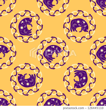 Mystical seamless pattern of cats in boho style, silhouette collection. Witchcraft and magic 126445110