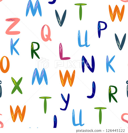 ABC seamless pattern in simple cartoon style. Cute alphabet print - hand drawn childish seamless pattern design ABC seamless pattern in simple cartoon style. Cute alphabet print - hand drawn childish seamless pattern design 126445122