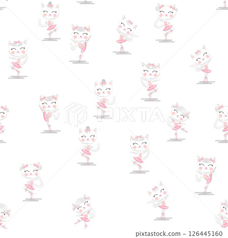 Cute ballerina cat dancing ballet in pink tutu seamless pattern. 126445160