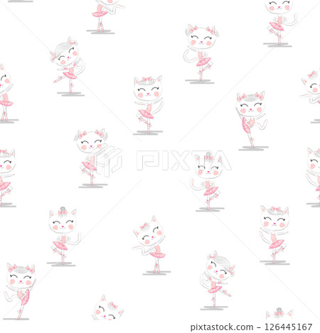 Cute ballerina cat dancing ballet in pink tutu seamless pattern. Cute ballerina cat dancing ballet in pink tutu seamless pattern. 126445167