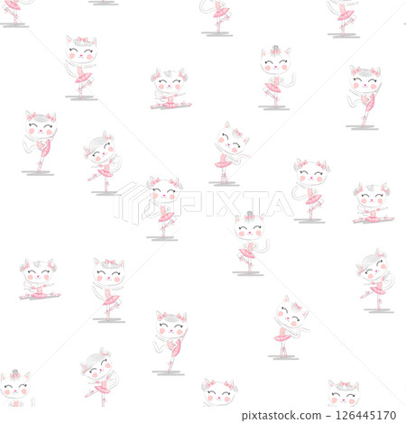 Cute ballerina cat dancing ballet in pink tutu seamless pattern. Cute ballerina cat dancing ballet in pink tutu seamless pattern. 126445170