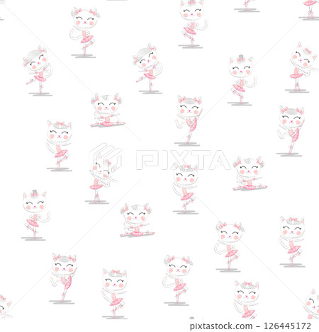 Cute ballerina cat dancing ballet in pink tutu seamless pattern. 126445172