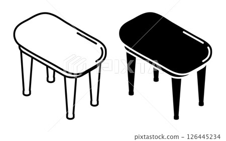 Linear icon, isometric soft rectangular pouf, pianist place at piano. Chair bench on four legs. Simple black and white top view vector isolated on white background Linear icon, isometric soft rectangular pouf, pianist place at piano. Chair bench on four legs. Simple black and white top view vector isolated on white background 126445234