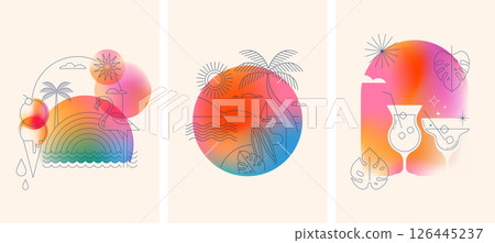 Tropical beach party and summer vacation line art with color gradient 126445237