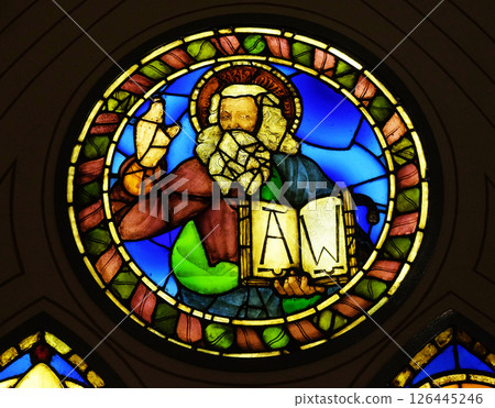 God the Father, stained glass window by Alesso Baldovinetti in the Basilica di Santa Croce (Basilica of the Holy Cross) - famous Franciscan church in Florence, Italy God the Father, stained glass window by Alesso Baldovinetti in the Basilica di Santa Croce (Basilica of the Holy Cross) - famous Franciscan church in Florence, Italy 126445246
