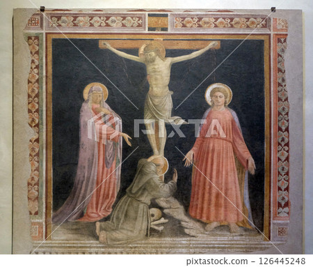 Crucifixion with the Virgin, Saint Francis and Saint John the Evangelist, by Andrea di Giusto, Basilica di Santa Croce (Basilica of the Holy Cross) in Florence, Italy Crucifixion with the Virgin, Saint Francis and Saint John the Evangelist, by Andrea di Giusto, Basilica di Santa Croce (Basilica of the Holy Cross) in Florence, Italy 126445248