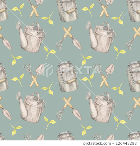 Watering cans, tools, and sprouts in soft earthy tones on sage green background in a seamless watercolor pattern. Gardening clipart perfect for tote bags, notebook covers, or eco-themed wrapping Watering cans, tools, and sprouts in soft earthy tones on sage green background in a seamless watercolor pattern. Gardening clipart perfect for tote bags, notebook covers, or eco-themed wrapping 126445288