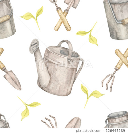 Pale green leaves, garden tools, and watering cans in watercolor clipart. Gardening elements seamless pattern illustration, great for digital planners, seed packet design, or greenhouse decor prints. 126445289