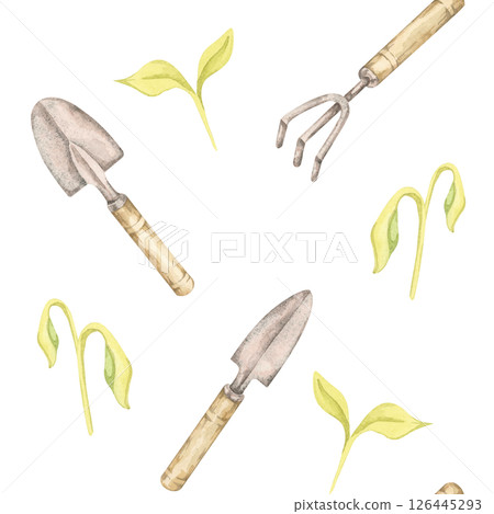 Gardening Hand tools and green seedlings. Vintage Trowel, fork, sprouts watercolor clipart seamless pattern, ideal for eco-friendly packaging, garden-themed textiles, or botanical wrapping paper 126445293