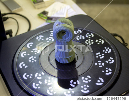 3D Scanning object. Three-dimensional scanner with laser volumetric scanning surface of object for prototyping. High precision new innovation modern technology equipment. Science accuracy. 126445296