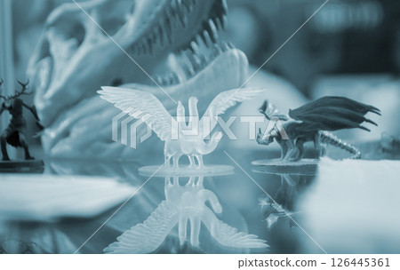 Detailed models in different form printed on 3D printer from polymer close-up. Detailed object created by 3D printer using 3D printing method. Concept 3D Printing. SLA printing technology. Blue color 126445361