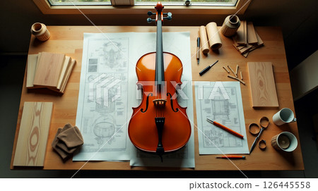 A tabletop displays detailed blueprints, various wood pieces, and tools for cello crafting. The half-finished instrument lies prominently at the center, showcasing skillful craftsmanship. 126445558