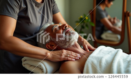 An elderly man is receiving a calming back massage from a therapist, surrounded by a peaceful atmosphere with plants, relaxing his body and mind during the session. 126445559