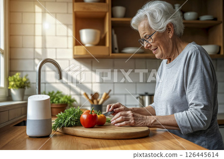Smiling elderly woman preparing food near a smart speaker. AI generated 126445614