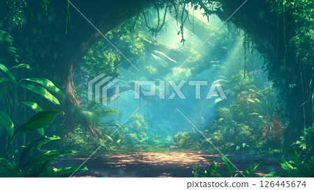 燈光明亮的叢林場景，動漫風格 126445674