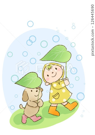 Rainy days are fun too! I use a big leaf as an umbrella and go out with my dog friend wearing a raincoat. 126445690