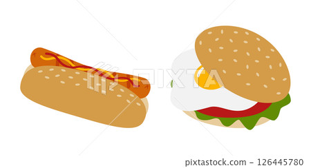 Freehand Fast Food Sandwiches Hot dog ang Egg Burger of Sesame Bun fried Egg Greens Tomato slice Set Freehand Fast Food Sandwiches Hot dog ang Egg Burger of Sesame Bun fried Egg Greens Tomato slice Set 126445780