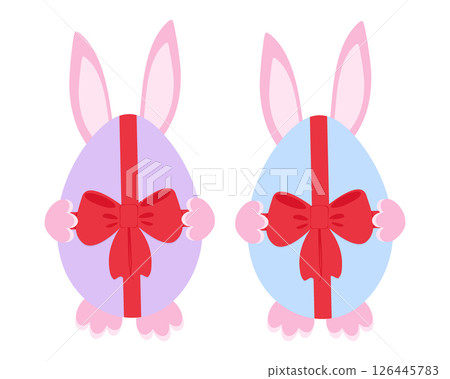 Easter Bunny Ears and paws behind colorful eggs with red tied bow Easter greeting design element Set 126445783