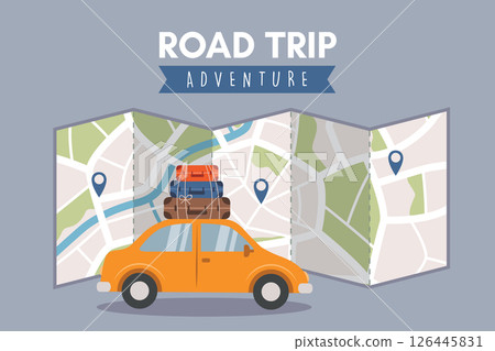 road trip adventure travel concept with car and street map vector illustration road trip adventure travel concept with car and street map vector illustration 126445831