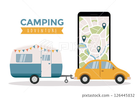 camping adventure travel concept with car and street map in smartphone vector illustration camping adventure travel concept with car and street map in smartphone vector illustration 126445832