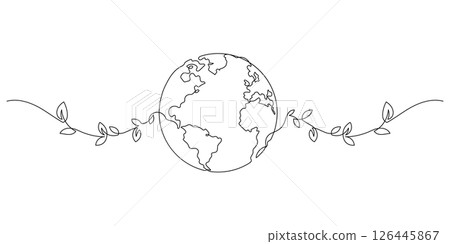 earth with tree leaf vine ecology one line drawing 126445867